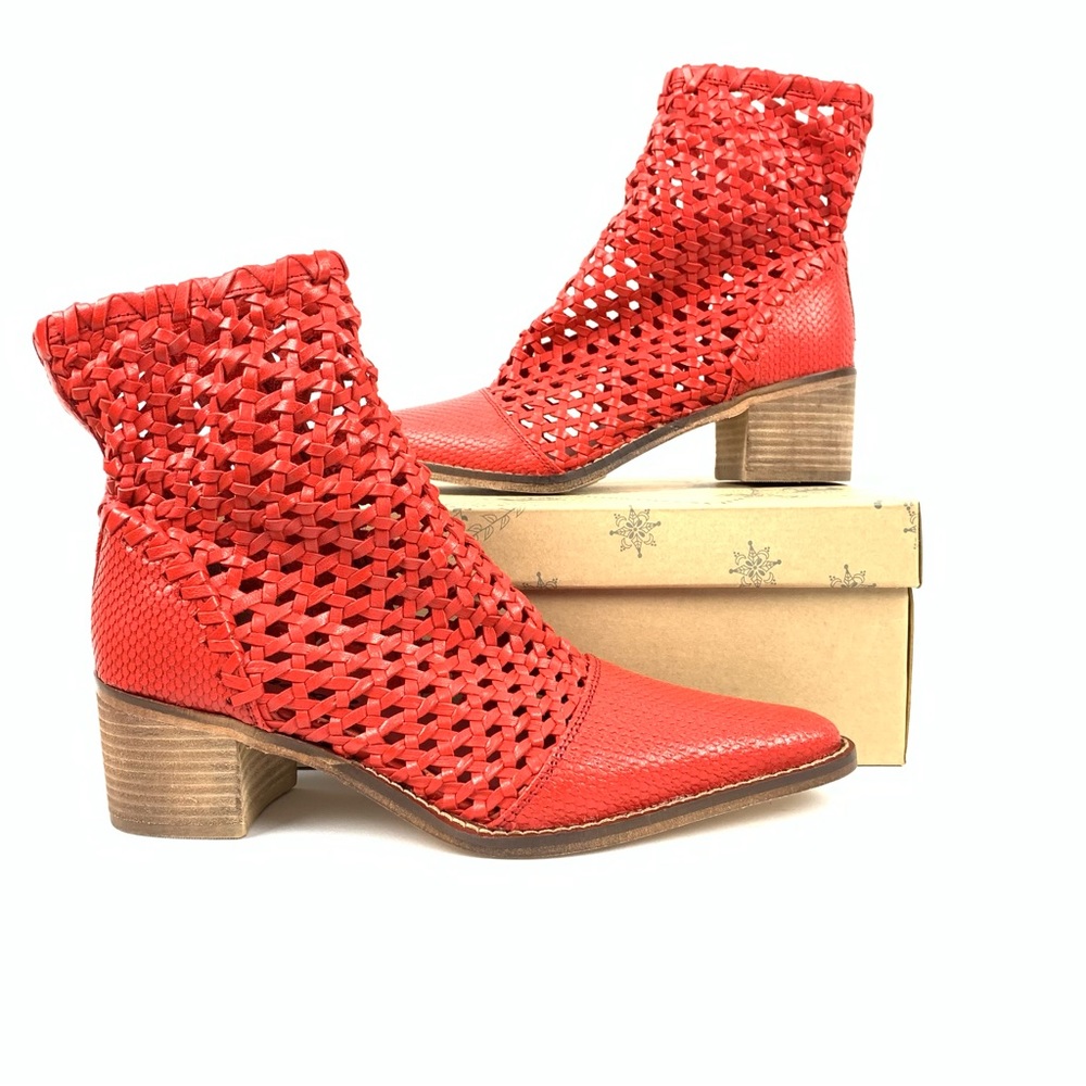 Free People In The Loop Woven Boots Flame Red Leather Boho Fall Ankle Block Heel